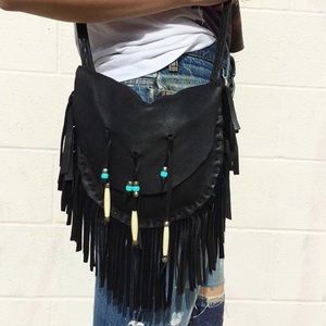 Black leather fringe purse